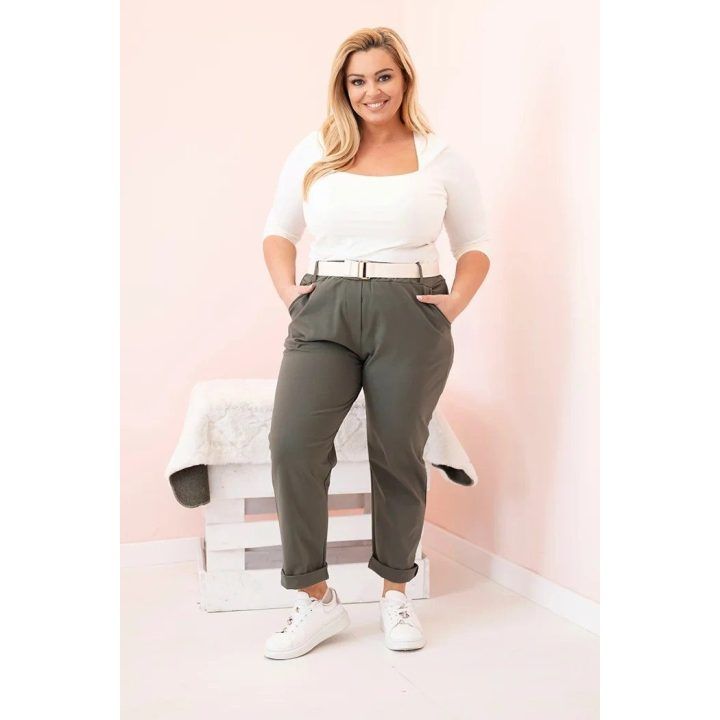Moteriškos chaki spalvos Plus Size kelnės su diržu