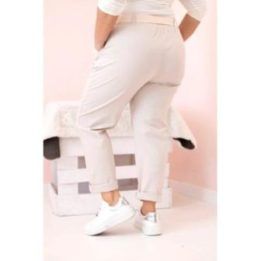 Moteriškos medvilninės Plus Size kelnės su diržu, smėlio spalvos