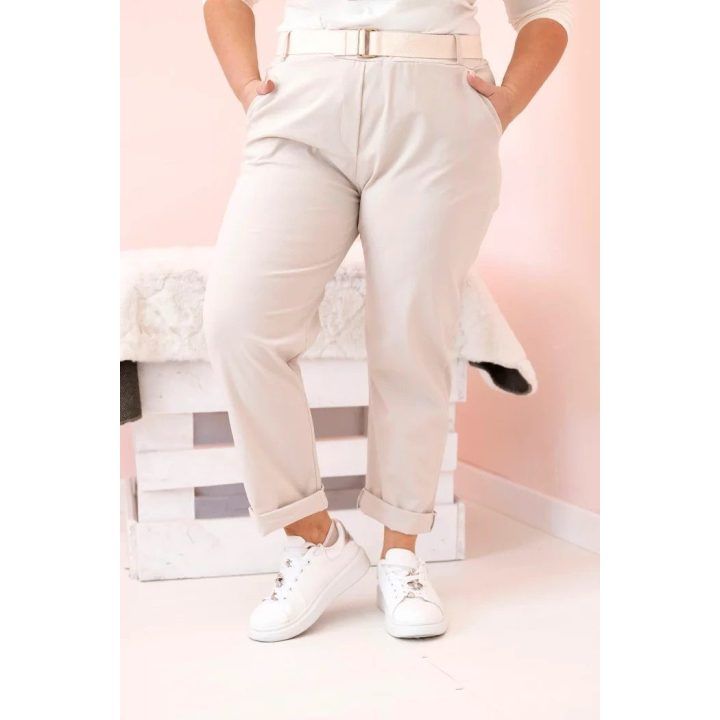 Moteriškos medvilninės Plus Size kelnės su diržu, smėlio spalvos