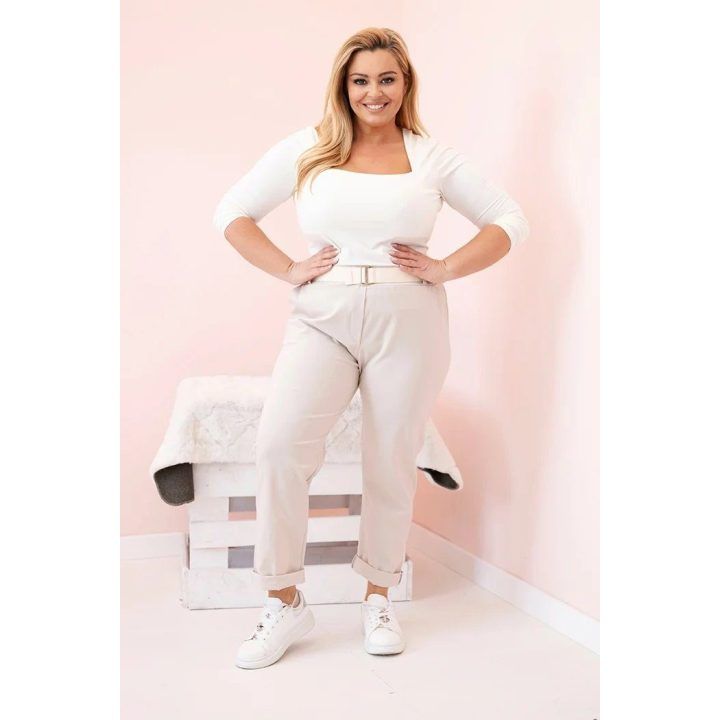 Moteriškos medvilninės Plus Size kelnės su diržu, smėlio spalvos