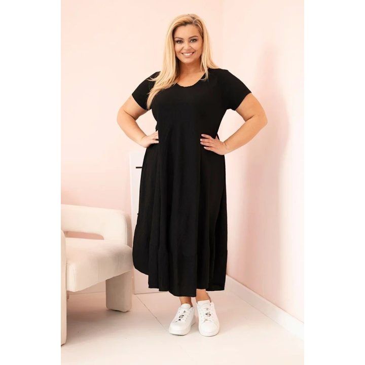 Moteriška Plus Size suknelė su trumpomis rankovėmis ir raukiniais, juodos spalvos