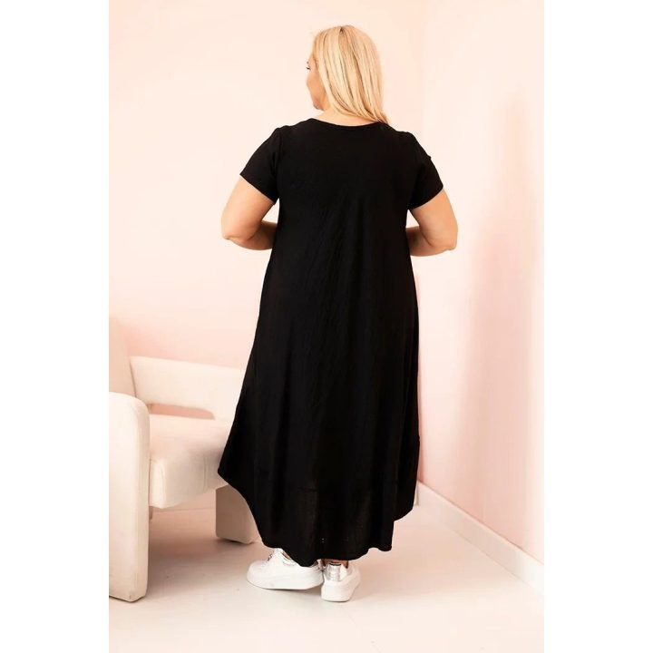 Moteriška Plus Size suknelė su trumpomis rankovėmis ir raukiniais, juodos spalvos