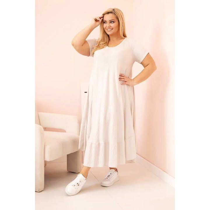 Moteriška Plus Size suknelė su trumpomis rankovėmis ir raukiniu, smėlio spalvos