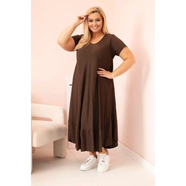 Moteriška Plus Size suknelė su trumpomis rankovėmis ir raukiniais, rudos spalvos
