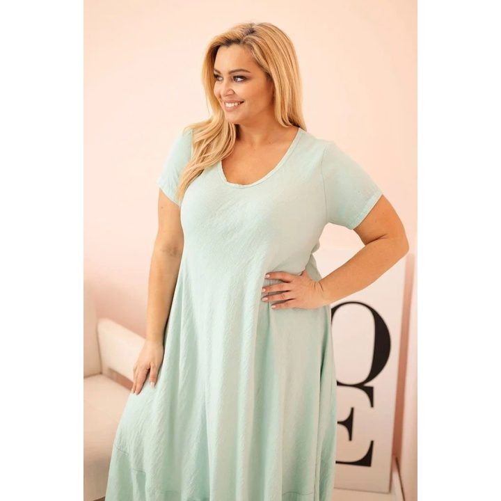 Moteriška Plus Size mėtų spalvos suknelė su trumpomis rankovėmis ir raukiniais