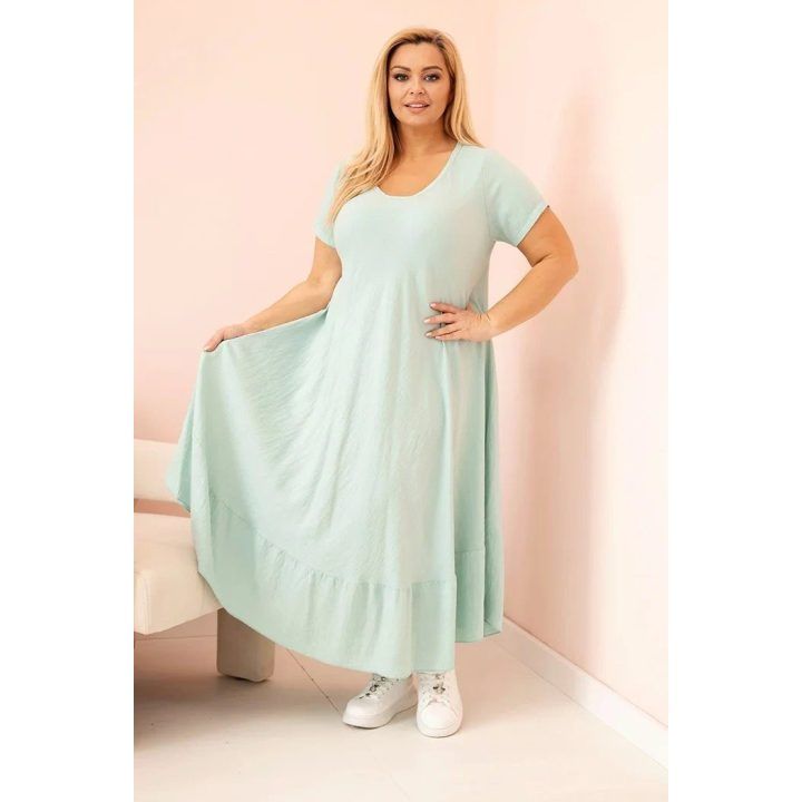 Moteriška Plus Size mėtų spalvos suknelė su trumpomis rankovėmis ir raukiniais