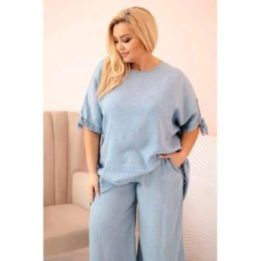 Moteriškas Plus Size tencel komplektas su palaidine ir plačiomis kelnėmis, šviesiai mėlynos spalvos