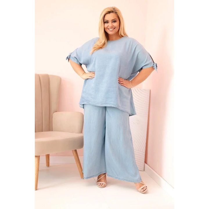 Moteriškas Plus Size tencel komplektas su palaidine ir plačiomis kelnėmis, šviesiai mėlynos spalvos