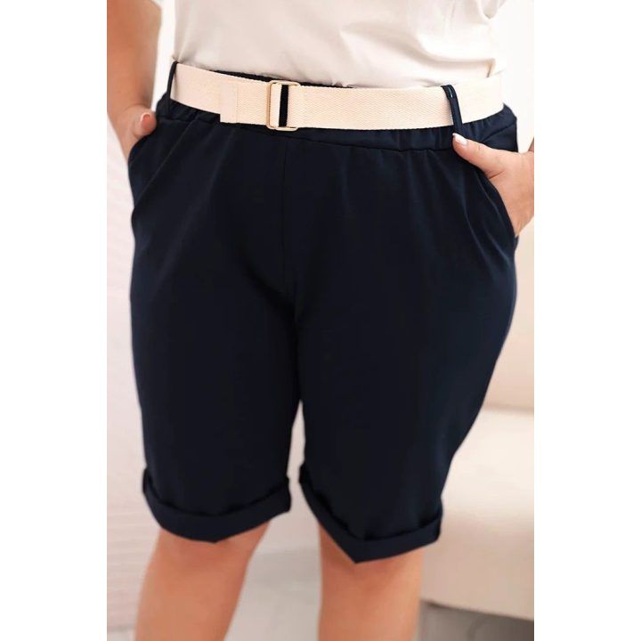 Moteriški Plus Size medvilnės šortai su diržu, tamsiai mėlynos spalvos