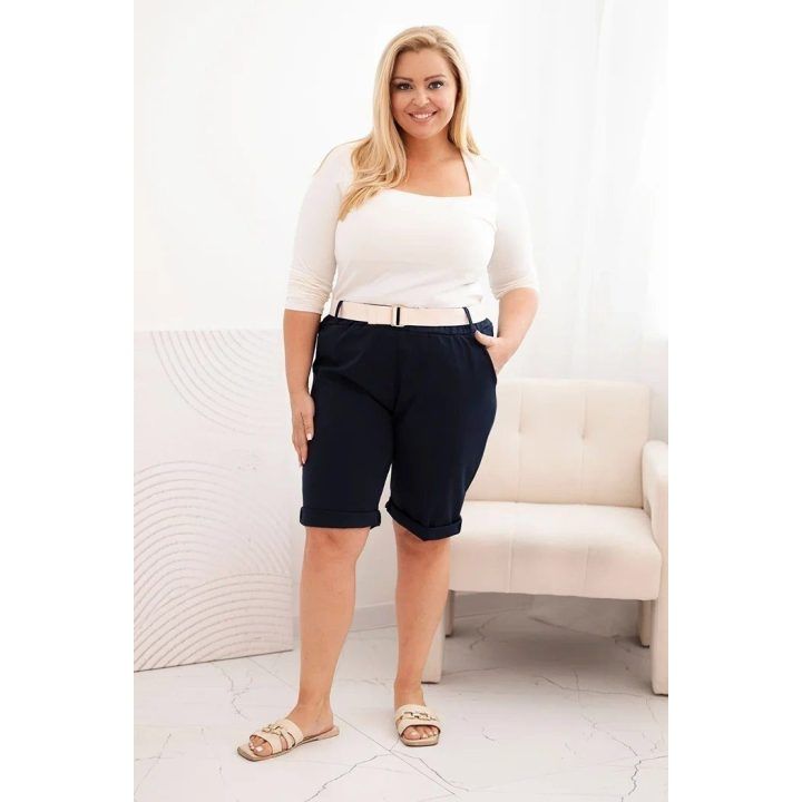 Moteriški Plus Size medvilnės šortai su diržu, tamsiai mėlynos spalvos