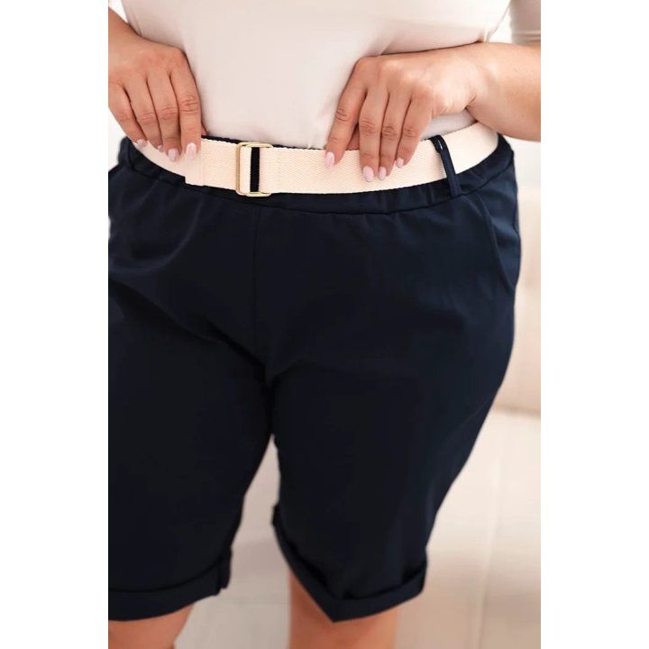Moteriški Plus Size medvilnės šortai su diržu, tamsiai mėlynos spalvos