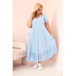 Moteriška Plus Size mėlyna suknelė su trumpomis rankovėmis ir raukiniu
