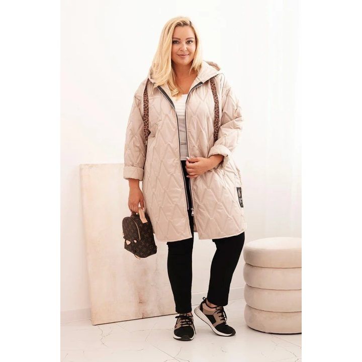 Moteriška Plus Size dygsniuota striukė su gobtuvu HOPE, tamsiai smėlio spalvos