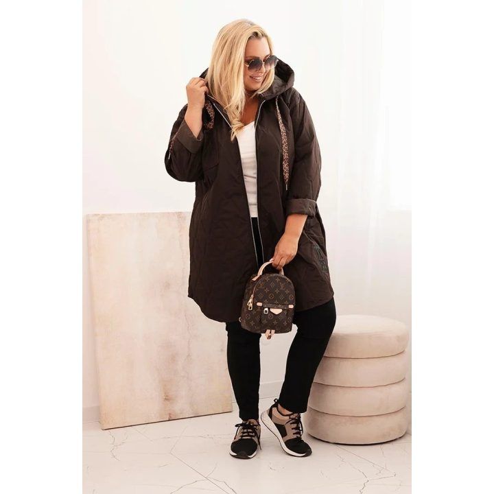Moteriška Plus Size dygsniuota striukė su gobtuvu HOPE, rudos spalvos