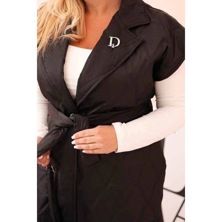 Moteriška Plus Size dygsniuota liemenė su diržu ir apykakle, juodos spalvos