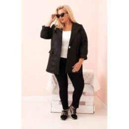 Moteriška Plus Size pikinė striukė su apykakle ir sagomis, juodos spalvos