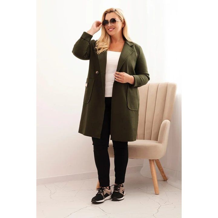 Moteriškas Plus Size paltas su apykakle ir didelėmis kišenėmis, chaki spalvos
