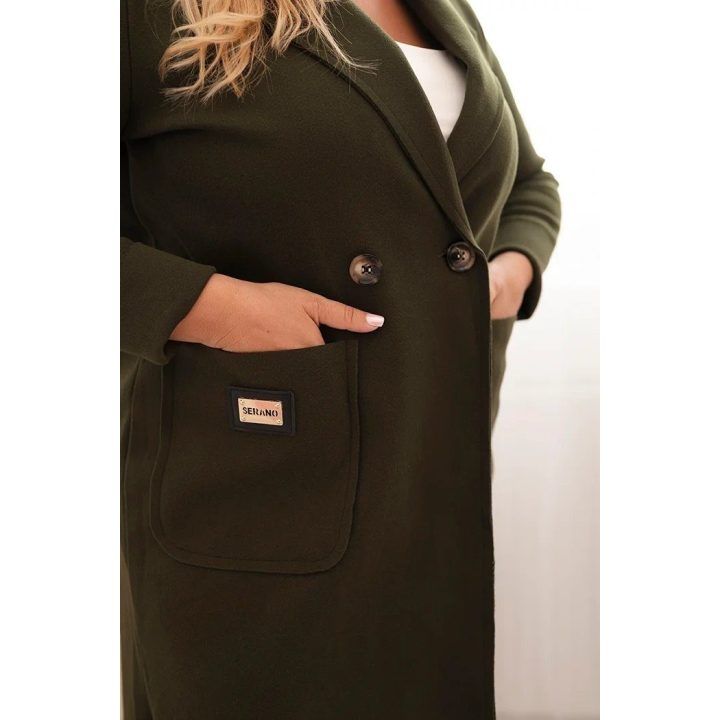 Moteriškas Plus Size paltas su apykakle ir didelėmis kišenėmis, chaki spalvos