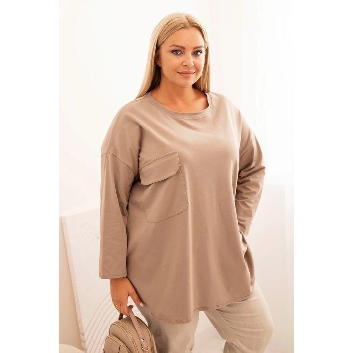 Moteriška Plus Size palaidinė su kišene ir atlenkiamomis rankovėmis, kapučino spalvos