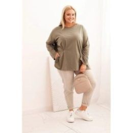 Moteriška Plus Size palaidinė su medvilne, kišene ir užraitytomis rankovėmis, chaki spalvos