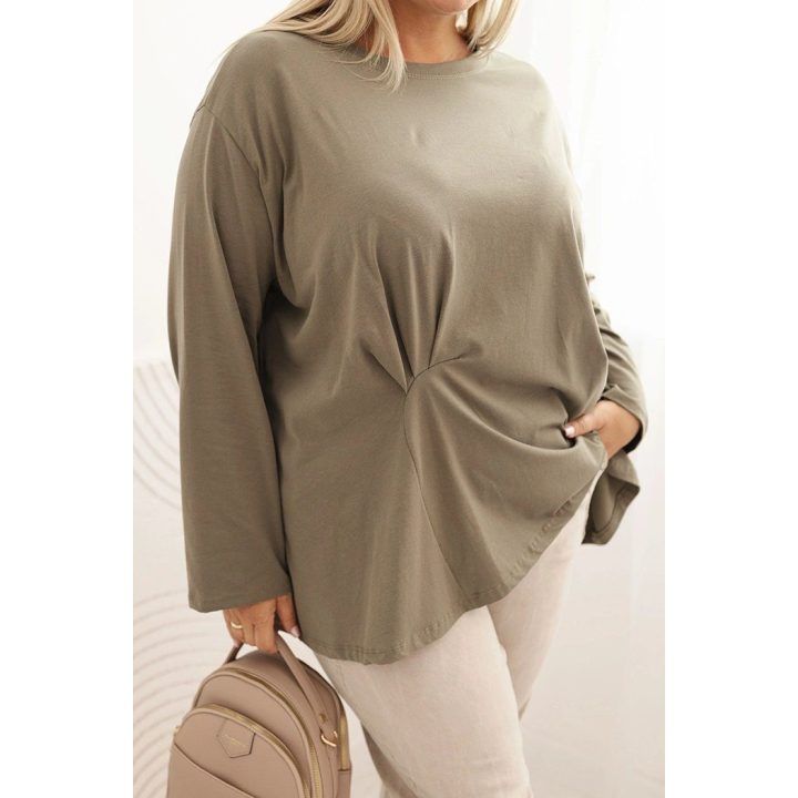 Moteriška Plus Size palaidinė su medvilne, kišene ir užraitytomis rankovėmis, chaki spalvos