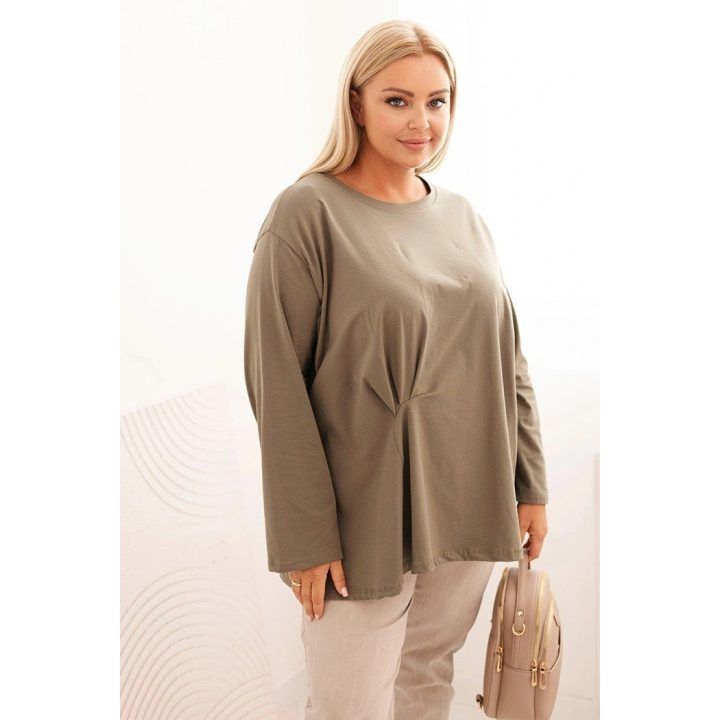 Moteriška Plus Size palaidinė su medvilne, kišene ir užraitytomis rankovėmis, chaki spalvos