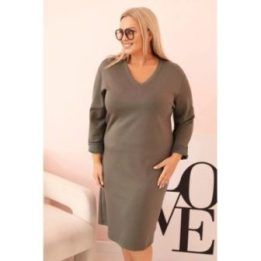 Moteriška Plus Size suknelė su V formos iškirpte, chaki spalvos