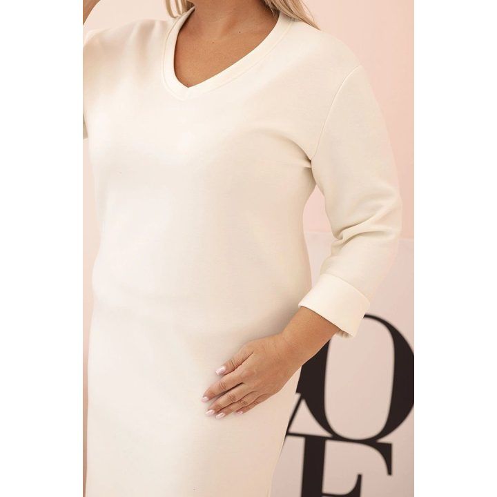 Moteriška Plus Size suknelė V formos iškirpte, ekru rankovėmis, sviesto spalvos