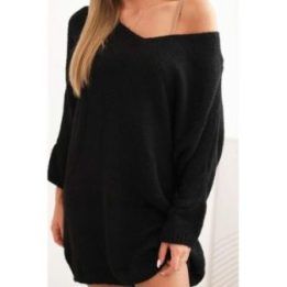 Moteriška Plus Size juoda suknelė su V formos iškirpte ir vilna