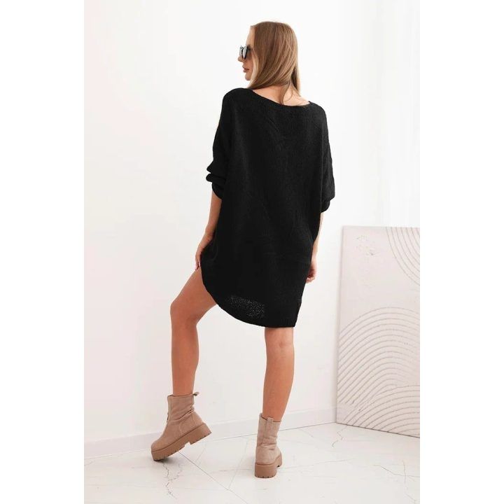 Moteriška Plus Size juoda suknelė su V formos iškirpte ir vilna