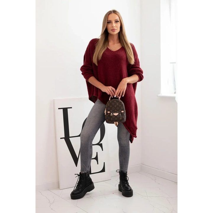 Moteriškas Plus Size asimetrinis megztinis su V formos iškirpte, burgundiškos spalvos
