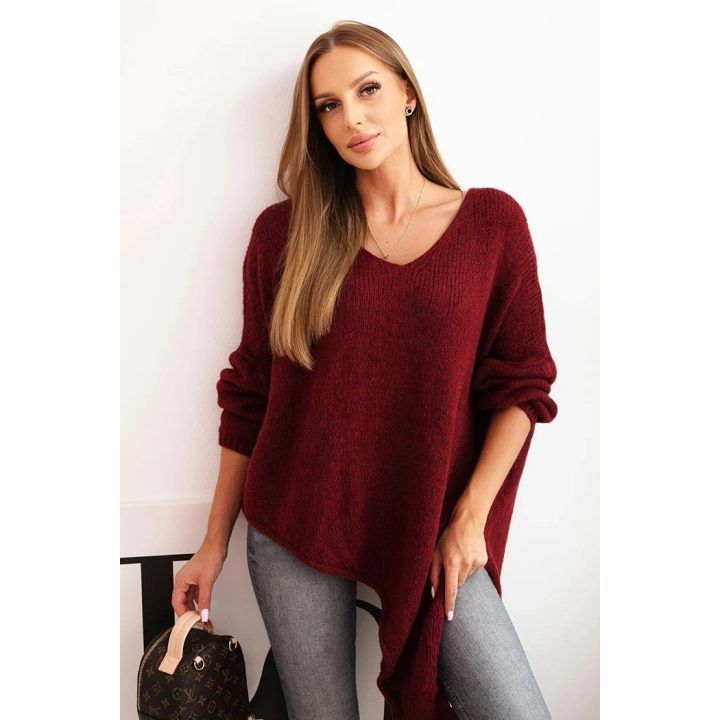 Moteriškas Plus Size asimetrinis megztinis su V formos iškirpte, burgundiškos spalvos