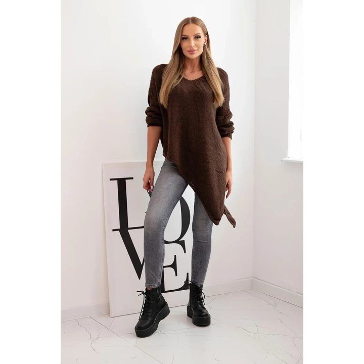 Moteriškas Plus Size megztinis su V formos iškirpte, rudas