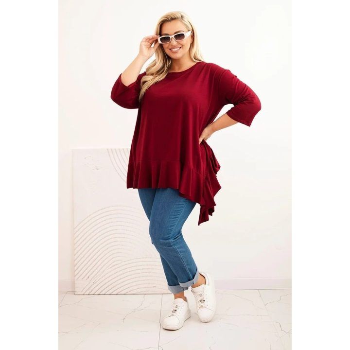 Moteriška Plus Size palaidinė su medvilne ir raukiniais, tamsiai raudonos spalvos