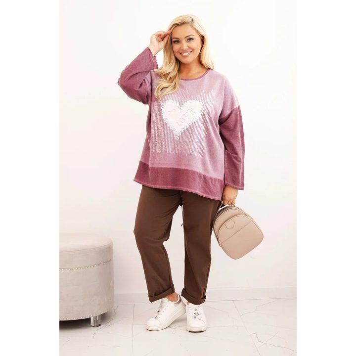 Moteriškas Plus Size džemperis su širdies raštu ir raišteliais, tamsiai rožinės spalvos