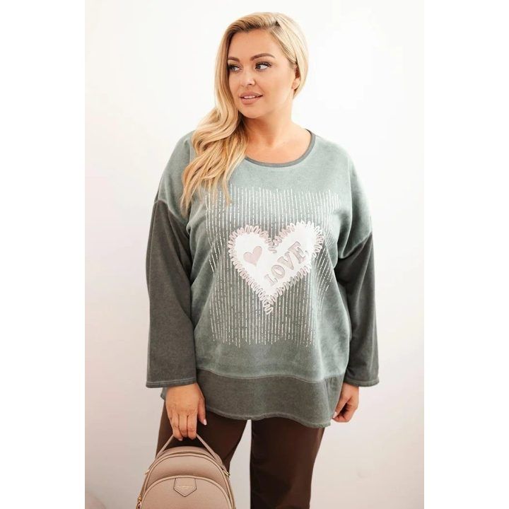 Moteriškas Plus Size džemperis su širdies spauda ir raišteliais, chaki spalvos