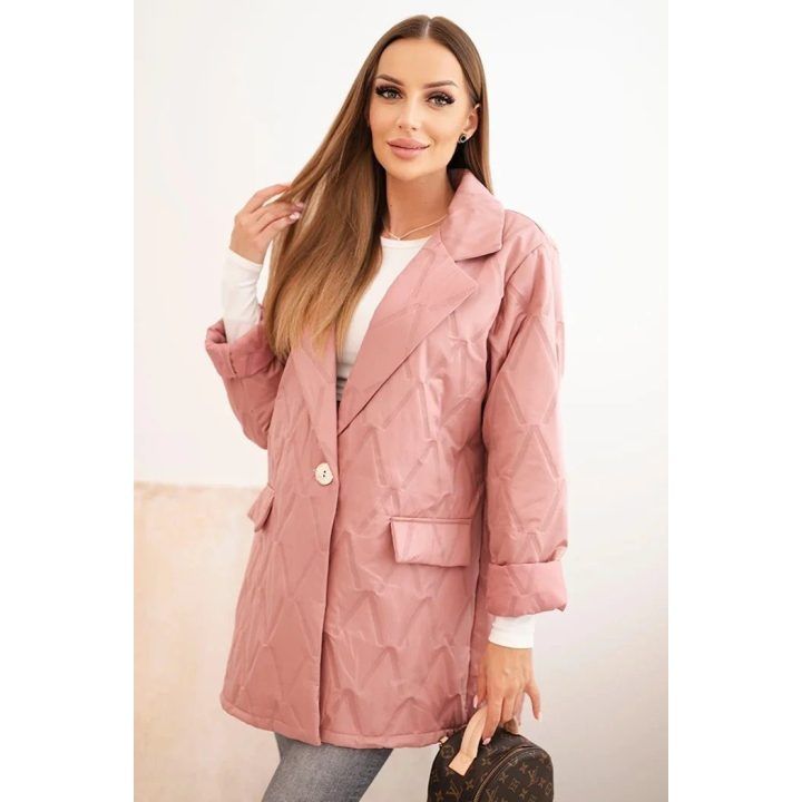 Moteriška Plus Size dygsniuota striukė su apykakle ir saga, tamsiai rožinė