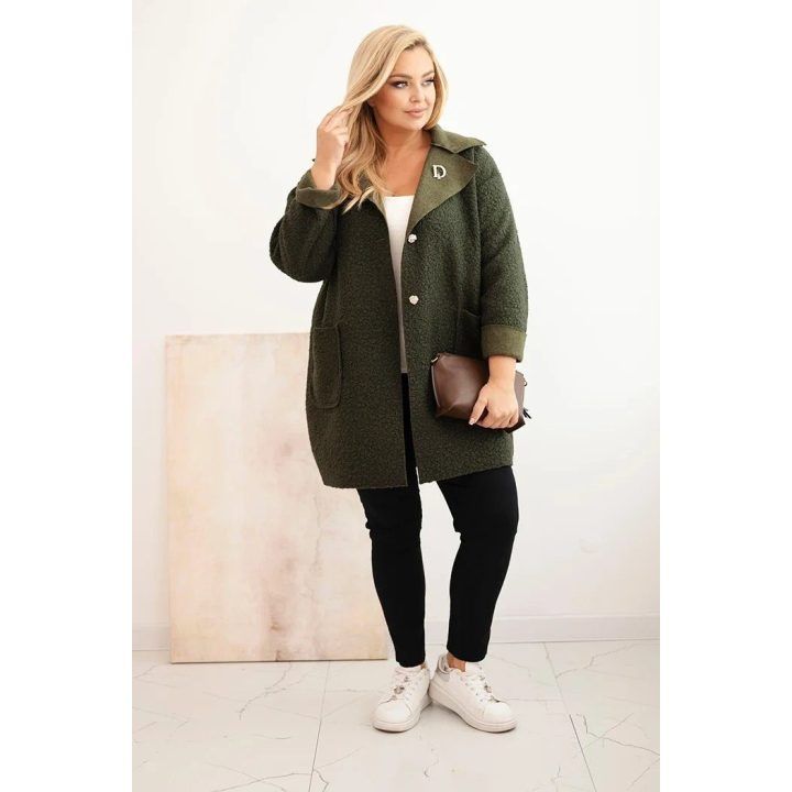 Moteriškas Plus Size paltas su vilna ir kišenėmis, chaki spalvos