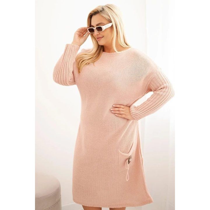 Moteriška Plus Size oversize megztinė suknelė su moheriu, pudrinės rožinės spalvos