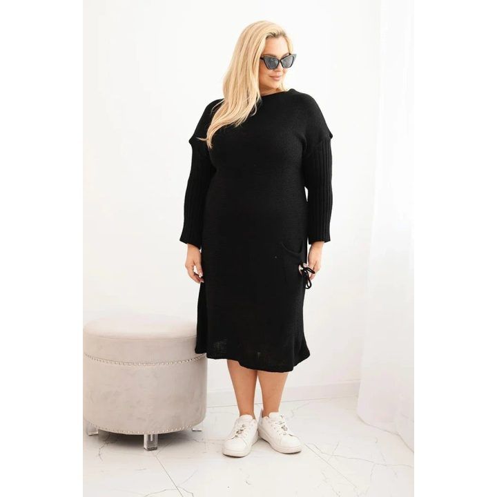 Moteriška Plus Size megztinė suknelė su kišene, juodos spalvos
