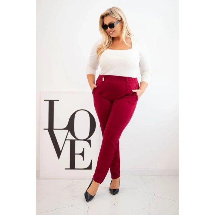 Moteriškos Plus Size medvilninės kelnės su tampriu juosmeniu, tamsiai raudonos spalvos