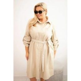 Moteriška Plus Size smėlio spalvos suknelė iš ekoodos su diržu ir apykakle