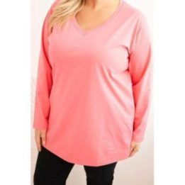 Moteriška Plus Size palaidinė su V formos iškirpte, ilgomis rankovėmis, rožinės spalvos
