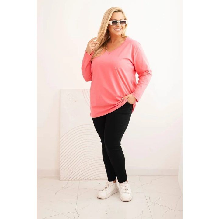 Moteriška Plus Size palaidinė su V formos iškirpte, ilgomis rankovėmis, rožinės spalvos
