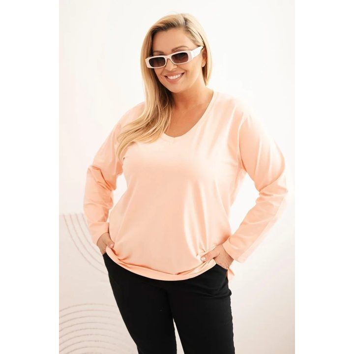 Moteriška Plus Size palaidinė su V formos iškirpte ir ilgomis rankovėmis, persikinės spalvos