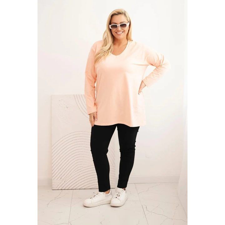 Moteriška Plus Size palaidinė su V formos iškirpte ir ilgomis rankovėmis, persikinės spalvos