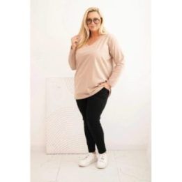 Moteriška Plus Size palaidinė su V formos iškirpte ir ilgomis rankovėmis, kapučino spalvos
