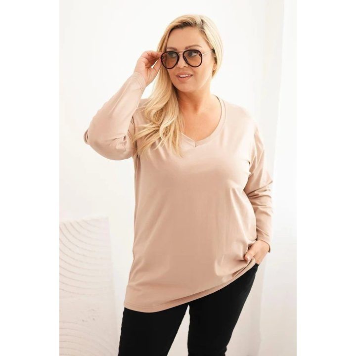 Moteriška Plus Size palaidinė su V formos iškirpte ir ilgomis rankovėmis, kapučino spalvos