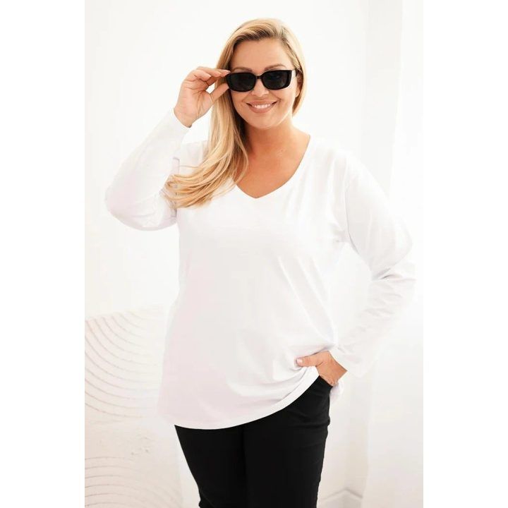 Moteriška Plus Size palaidinė su V formos iškirpte ir ilgomis rankovėmis, balta