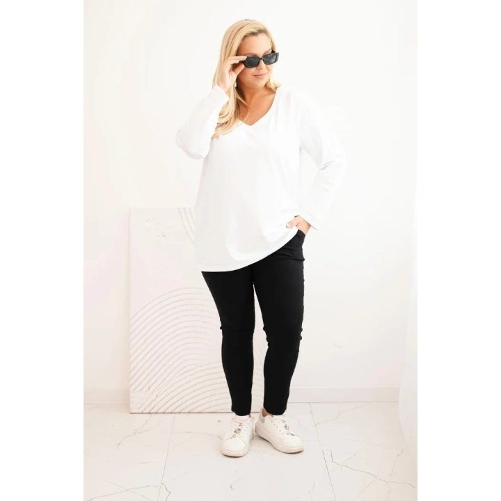 Moteriška Plus Size palaidinė su V formos iškirpte ir ilgomis rankovėmis, balta